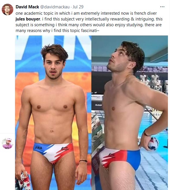 Twitter pic of French diver Joules Bouyer in small Speedo swimwear with comment: one academic topic in which i am extremely interested now is french diver jules bouyer. i find this subject very intellectually rewarding & intriguing. this subject is something i think many others would also enjoy studying. there are many reasons why i find this topic fascinati–