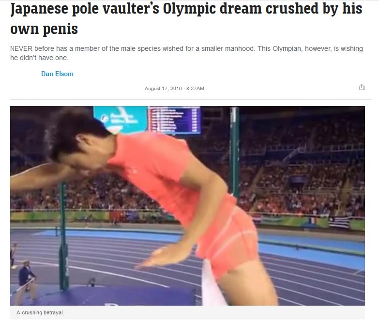 Japanese pole vaulter's Olympic dream crushed by his own penis - Headline, picture of pole vault and penis hitting bar