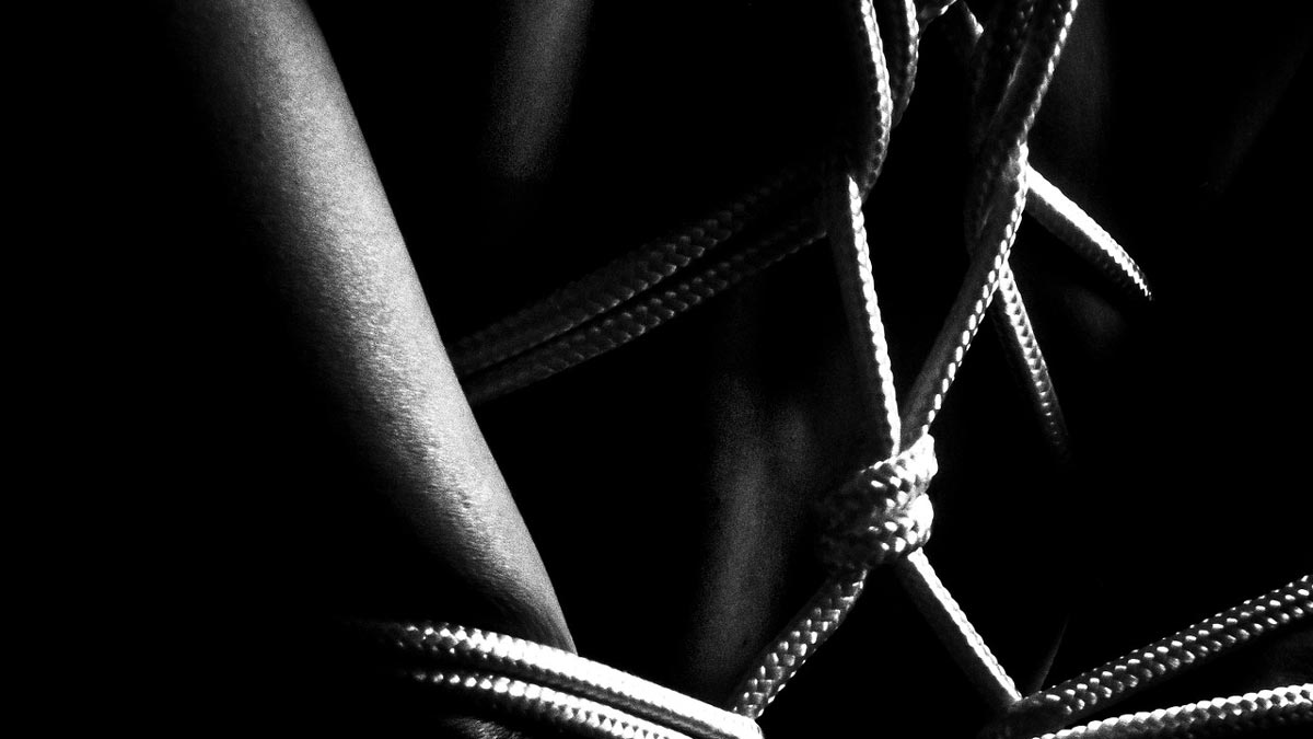 Anticipation - audio porn. A person has the arms tied with shibari rope