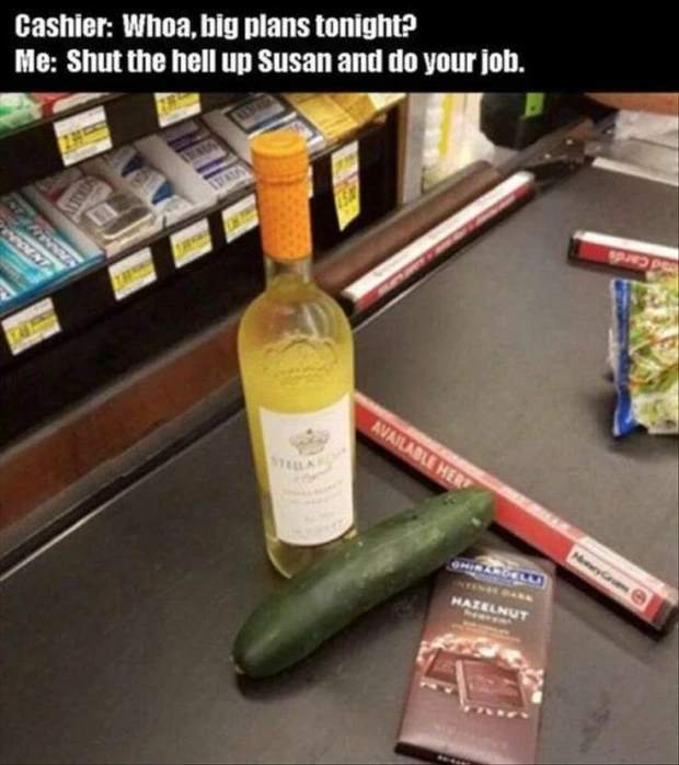 Sex meme: Who Big plans tonight - picture of a bottle of wine, chocolate and a cucumber