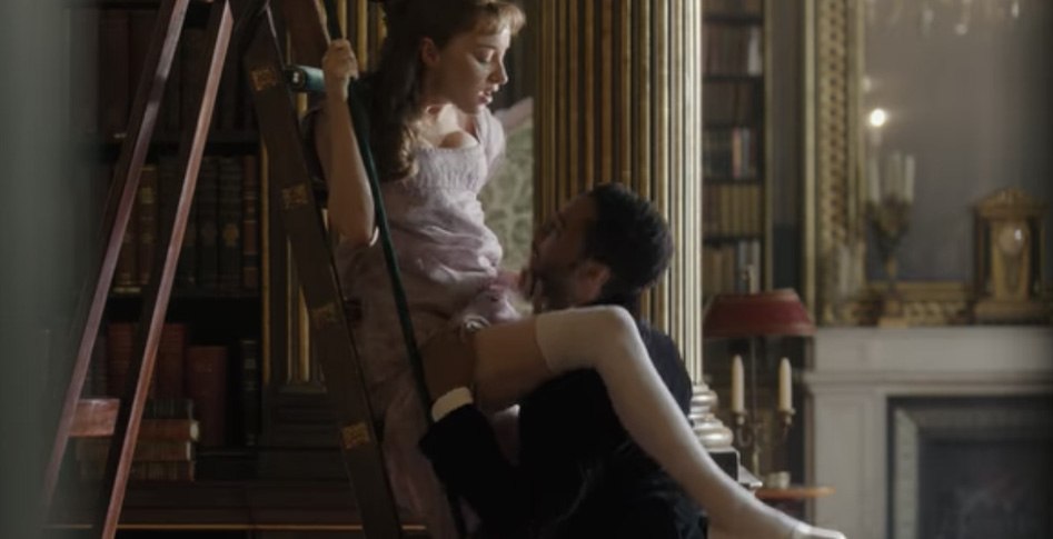 Bridgerton Simon and Daphne cunnilingus sex scene in library on a ladder from our list of female gaze sex scenes