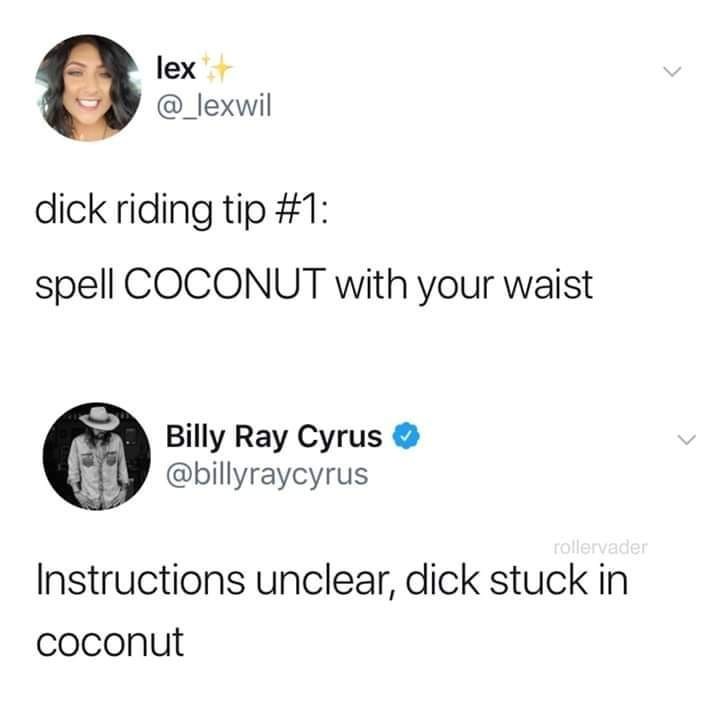 "Dick riding tip #1: Spell Coconut with your waist." 
Billy Ray Cyrus replies: "Instructions unclear, dick stuck in coconut". Funny sex meme