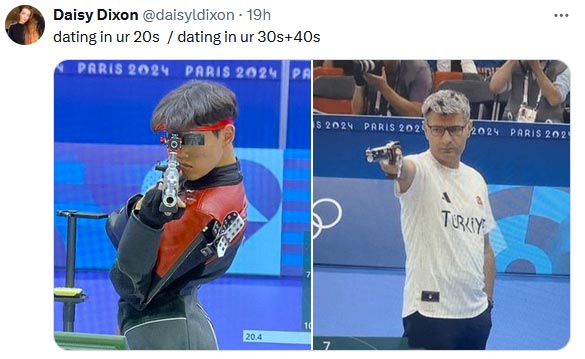 Dating in your 20s versus dating in your 30s - comparison photo of South Korean Shooter and Turkey shooter at the Paris Olympic games