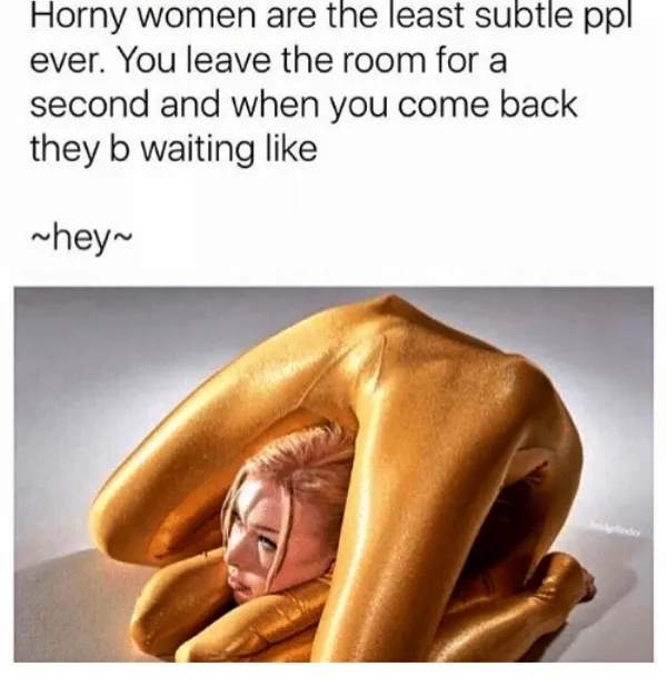 Sex meme: Horny women are the least subtle ppl ever. You leave the room for a second and when you come back they be waiting like hey 
(shows a woman in a contortionist pose with her groin over her head)