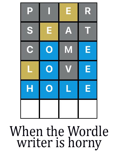 When the Wordle writer is horny: it spells COME, LOVE, HOLE