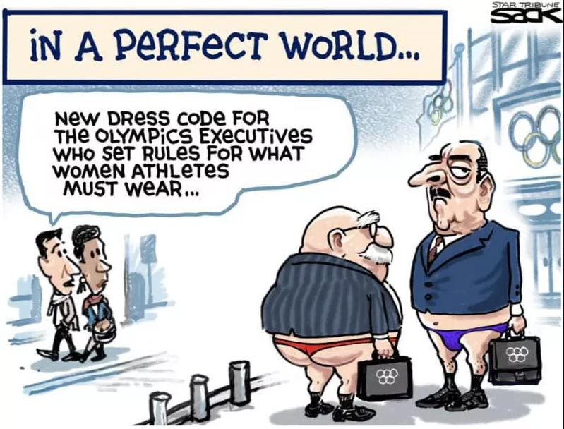 A perfect world: A new dress code for Olympics executives who set rules for what women athletes should wear - two old businessmen in suit tops and thongs / G-string underwear