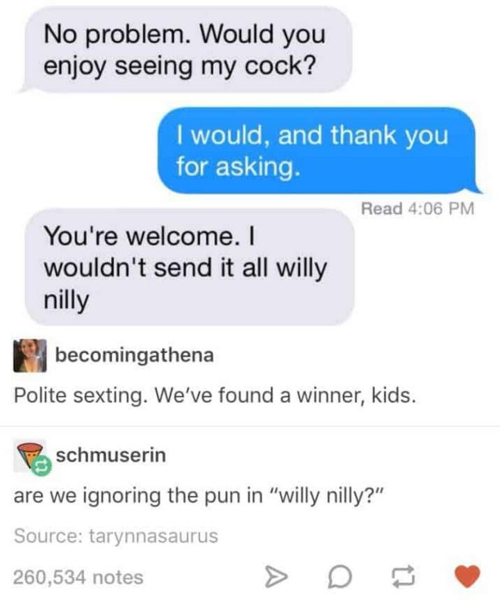 Dic pic offered politely and includes the phrase willy nilly