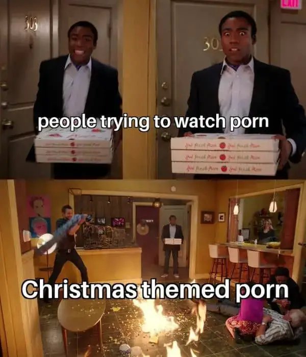 People trying to watch porn. Christmas themed porn (a disaster in the living room)